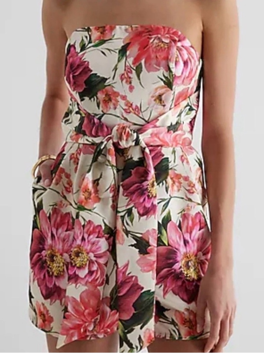 Express Floral Strapless Romper in White and Pink